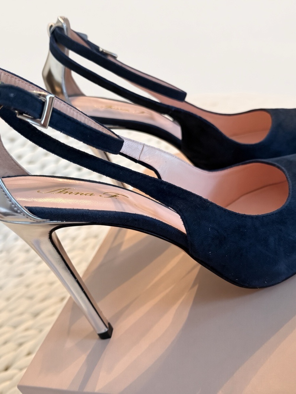 Anna Navy Suede Slingback Heels with Silver Stiletto